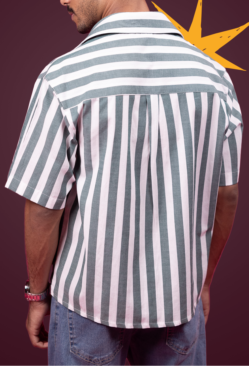 Two Pockets Green Striped Shirt
