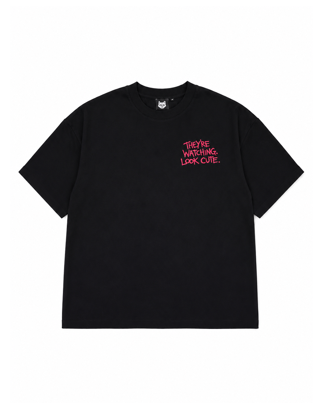 NAIVE Look Cute Tee - black oversized t-shirt with Naive cat and surveillance camera print - view 5