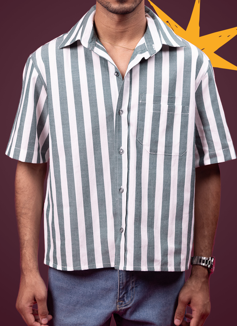 Two Pockets Green Striped Shirt