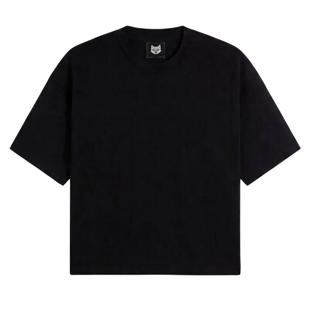 Black t-shirt with a brand logo on a white background