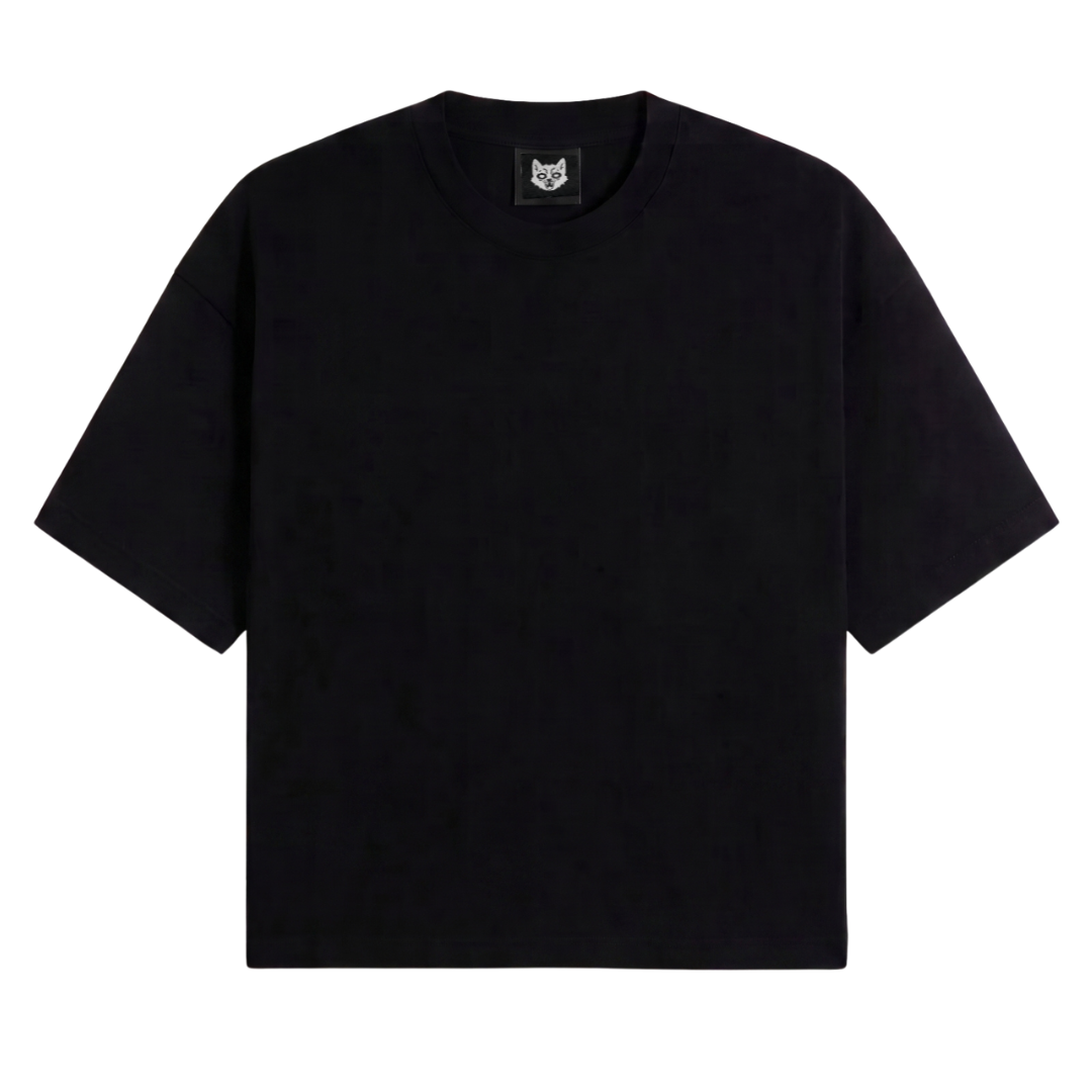 Black t-shirt with a brand logo on a white background