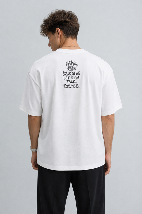 NAIVE Don't Care Label Tee - white oversized t-shirt with care-label print - view 1