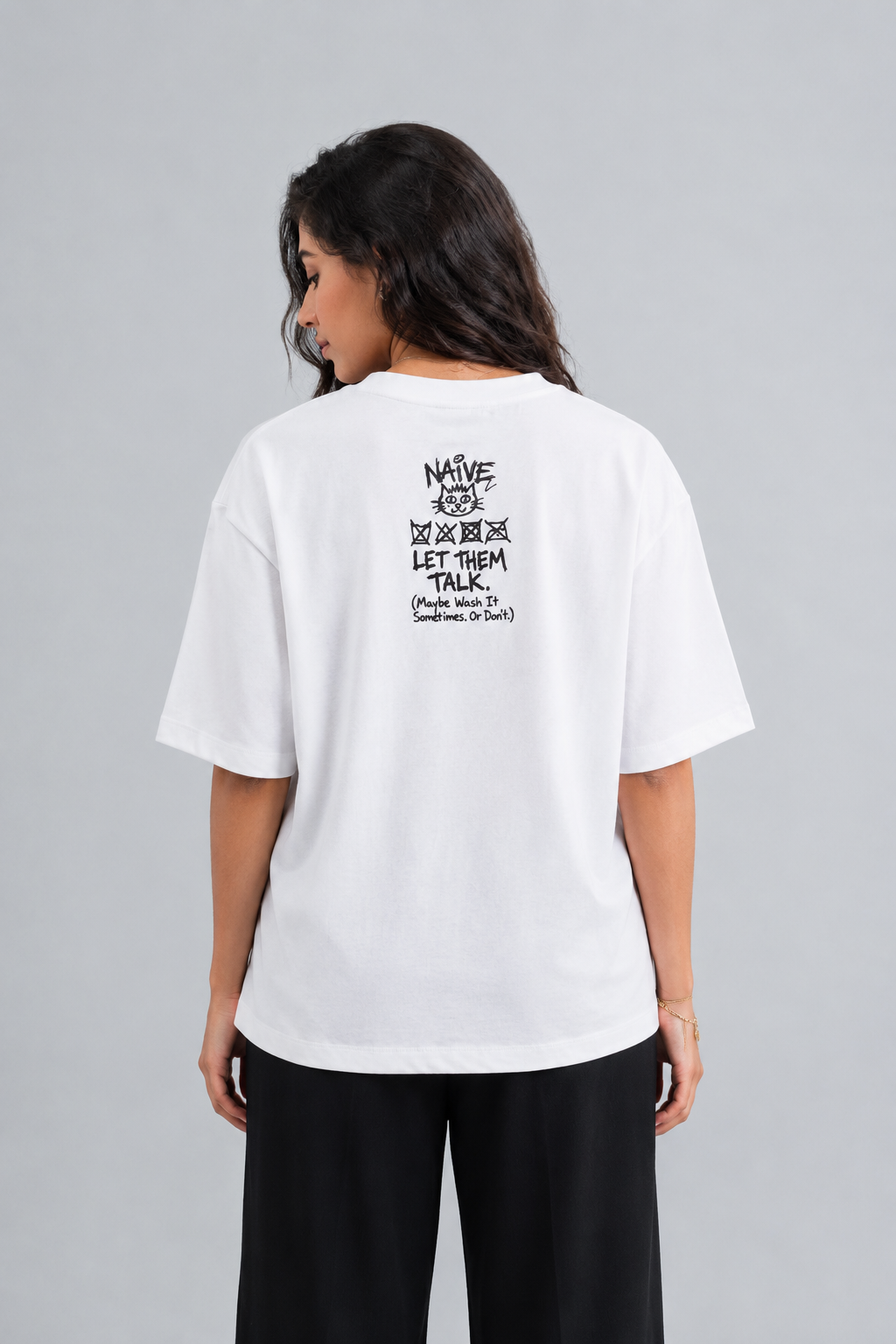 NAIVE Don't Care Label Tee - white oversized t-shirt with care-label print - view 2