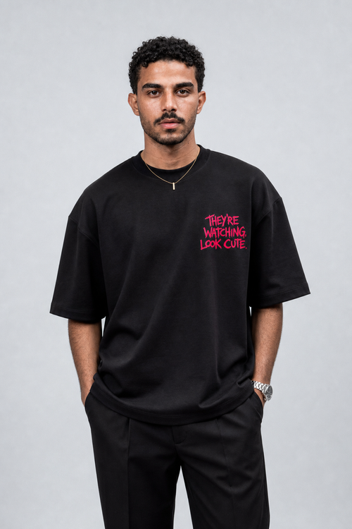 NAIVE Look Cute Tee - black oversized t-shirt with Naive cat and surveillance camera print - view 2