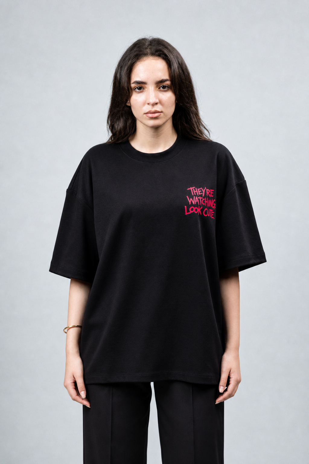 NAIVE Look Cute Tee - black oversized t-shirt with Naive cat and surveillance camera print - view 3