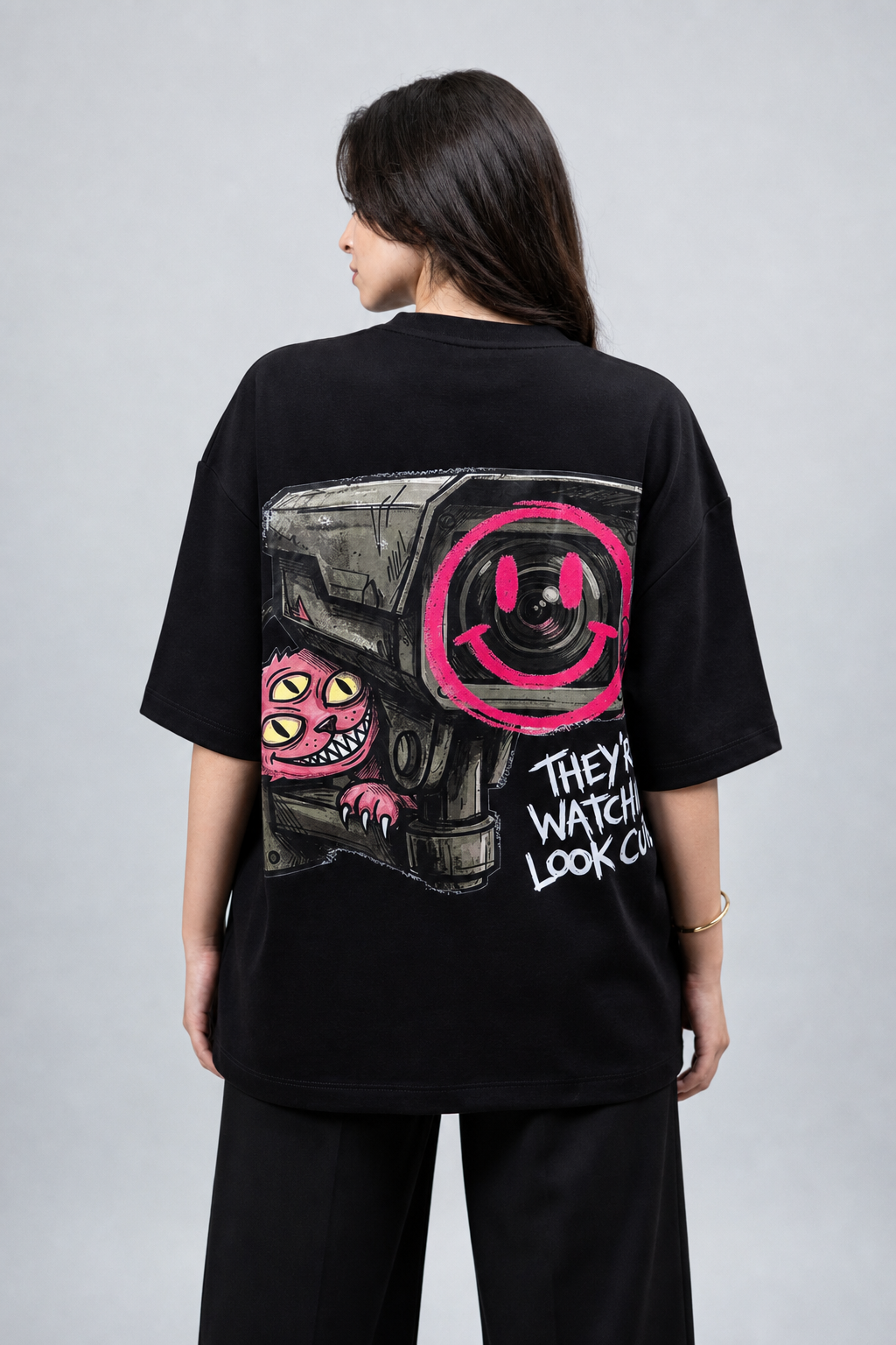 NAIVE Look Cute Tee - black oversized t-shirt with Naive cat and surveillance camera print - view 1