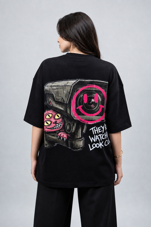 NAIVE Look Cute Tee - black oversized t-shirt with Naive cat and surveillance camera print - view 1