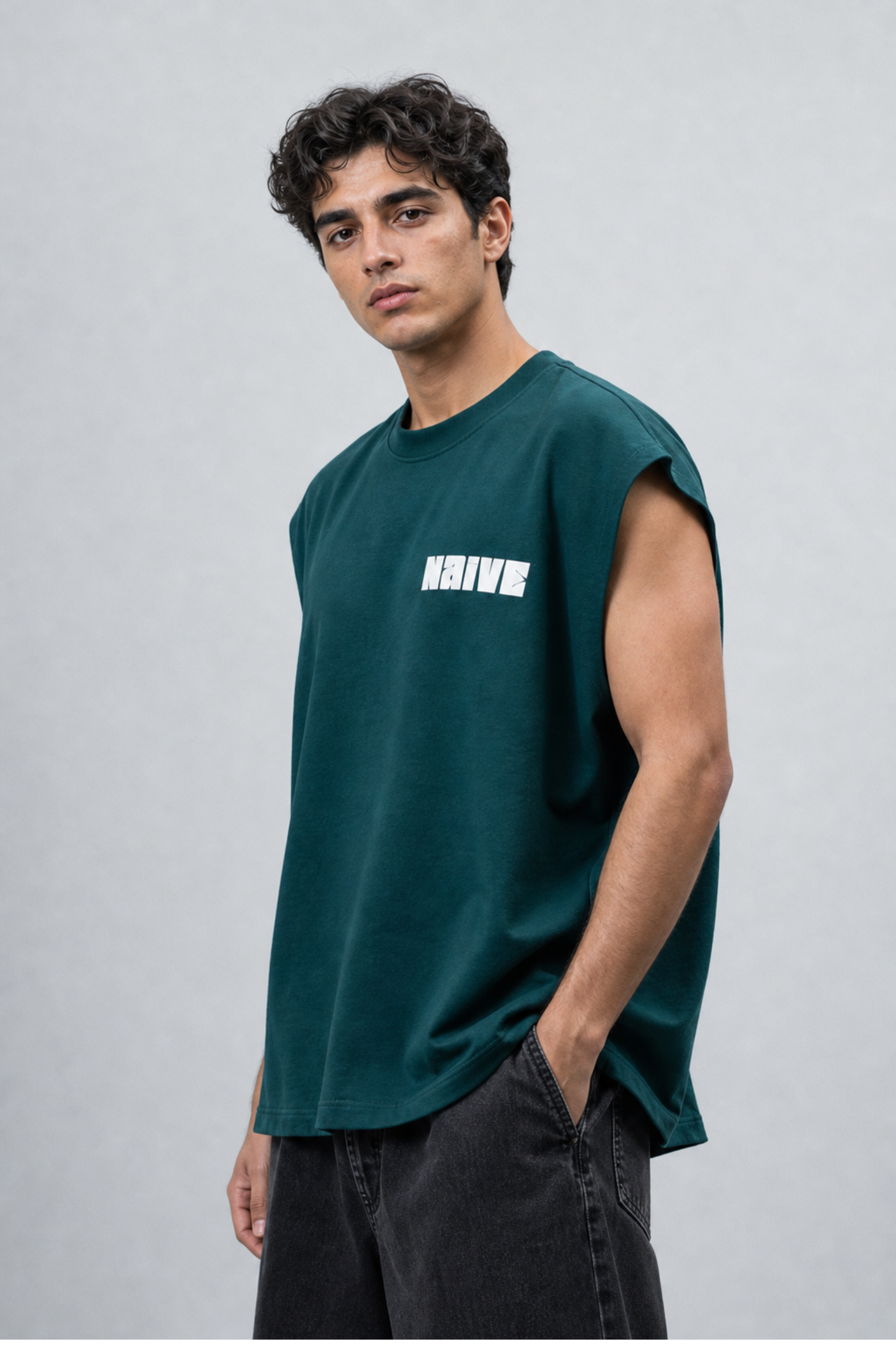 NAIVE The Dark Teal Tank - dark teal green oversized muscle tank top - view 2
