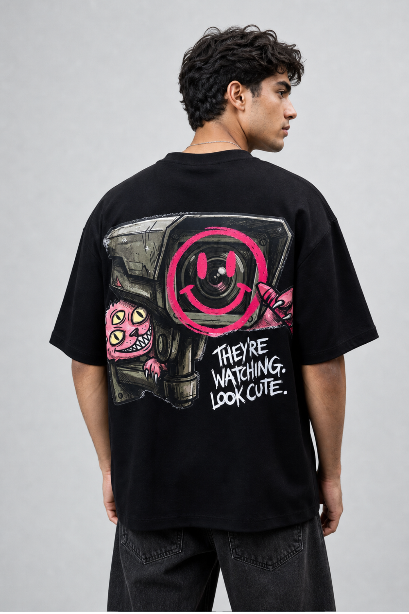 NAIVE Look Cute Tee - black oversized t-shirt with Naive cat and surveillance camera print - view 4