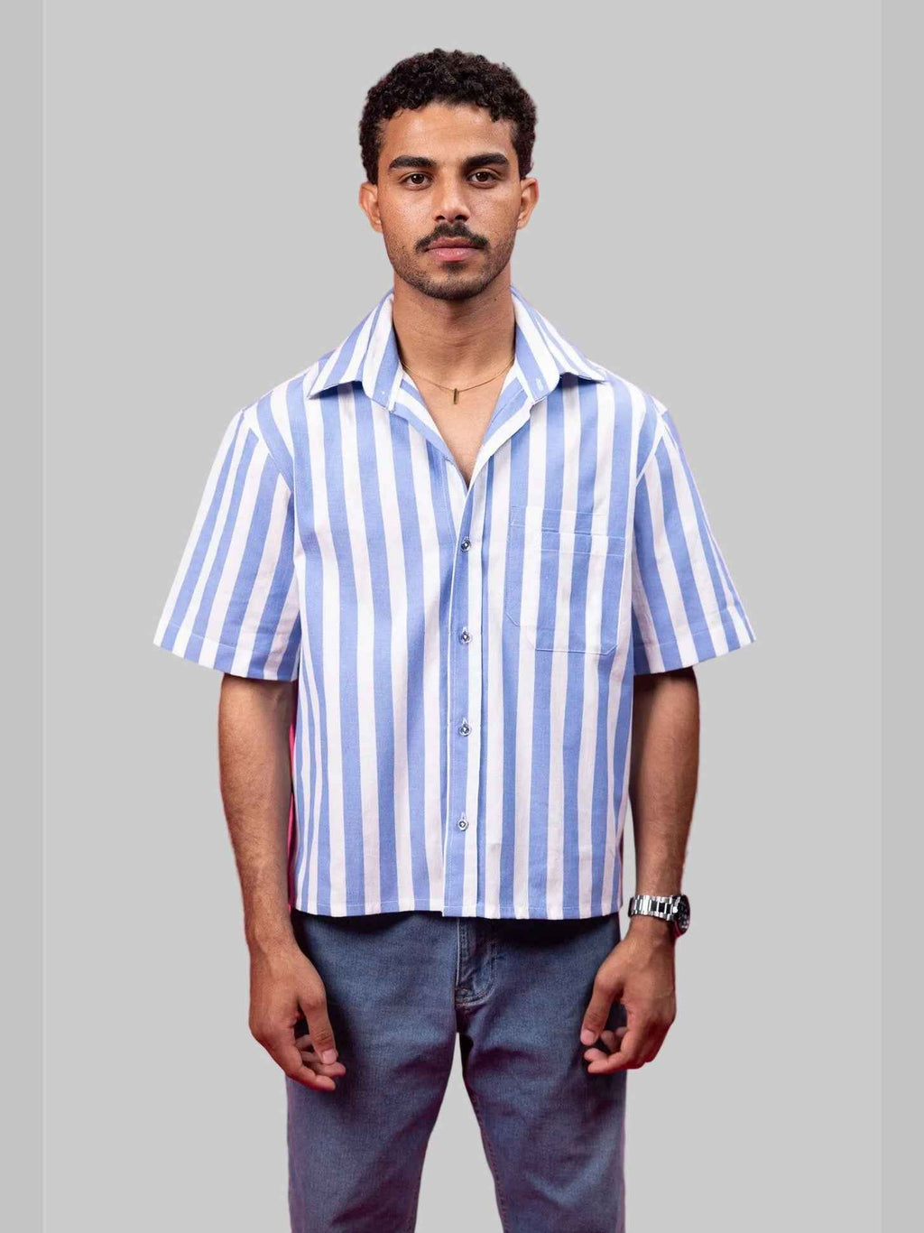 Two Pockets Blue Striped Shirt