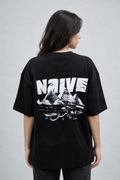 NAIVE Pyramids Black Tee - black oversized t-shirt with NAIVE x Pyramids of Giza print - back view on female model