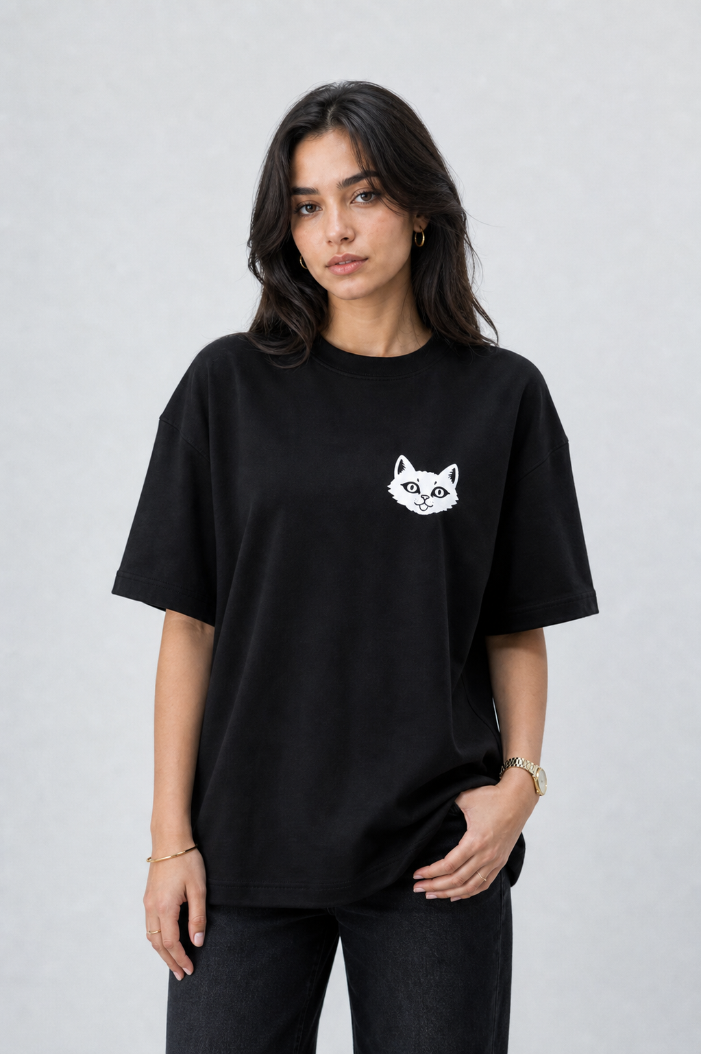 NAIVE Pyramids Black Tee - black oversized t-shirt with NAIVE x Pyramids of Giza print - front view on female model