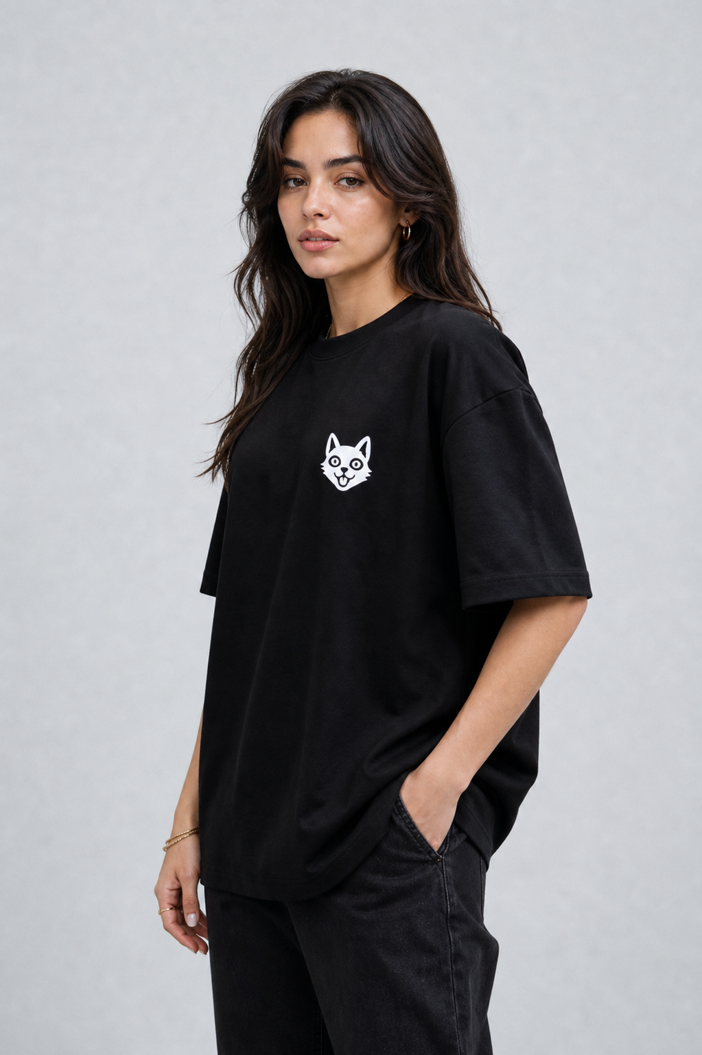NAIVE Pyramids Black Tee - black oversized t-shirt with NAIVE x Pyramids of Giza print - styled on female model