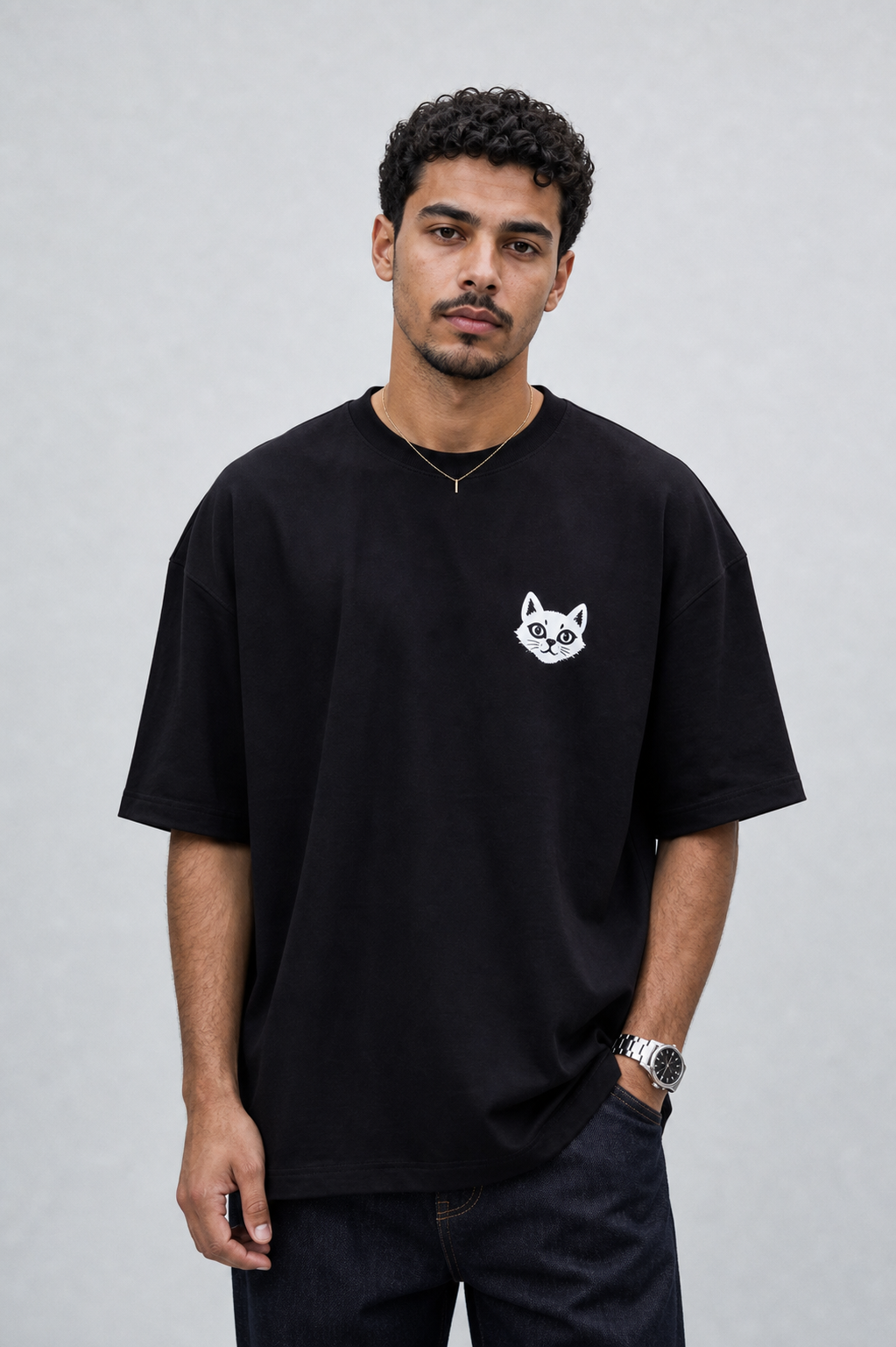 NAIVE Pyramids Black Tee - black oversized t-shirt with NAIVE x Pyramids of Giza print - front view on male model