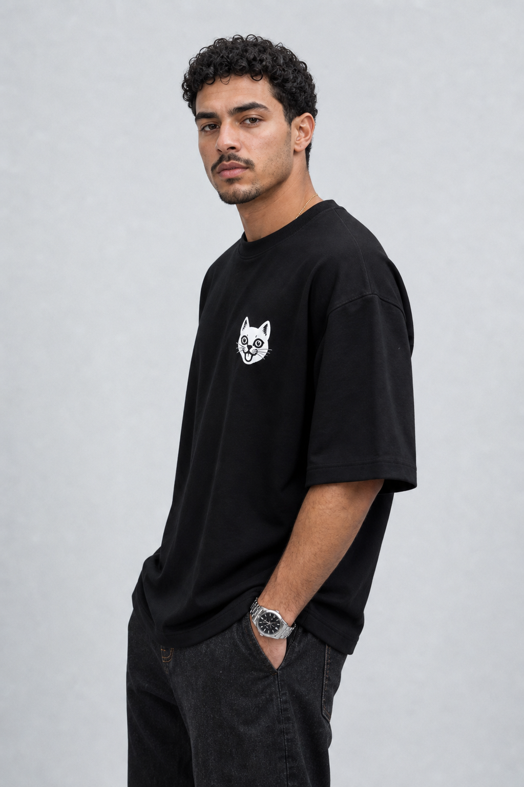 NAIVE Pyramids Black Tee - black oversized t-shirt with NAIVE x Pyramids of Giza print - styled on male model