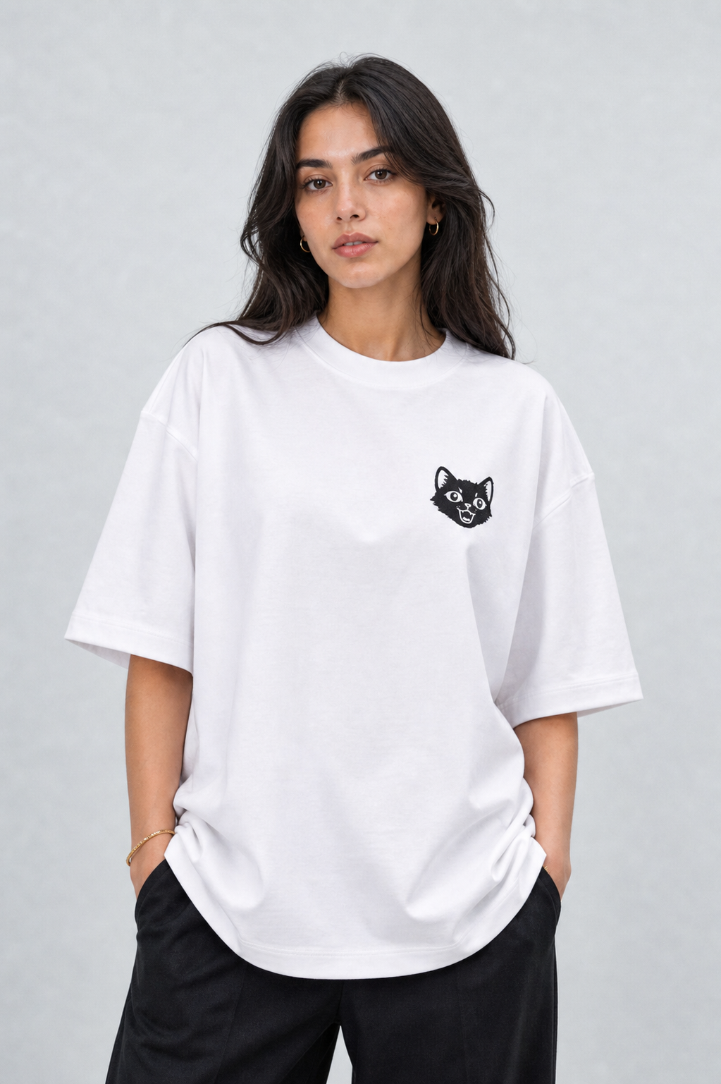 NAIVE Pyramids White Tee - white oversized t-shirt with NAIVE x Pyramids of Giza print - front view on female model