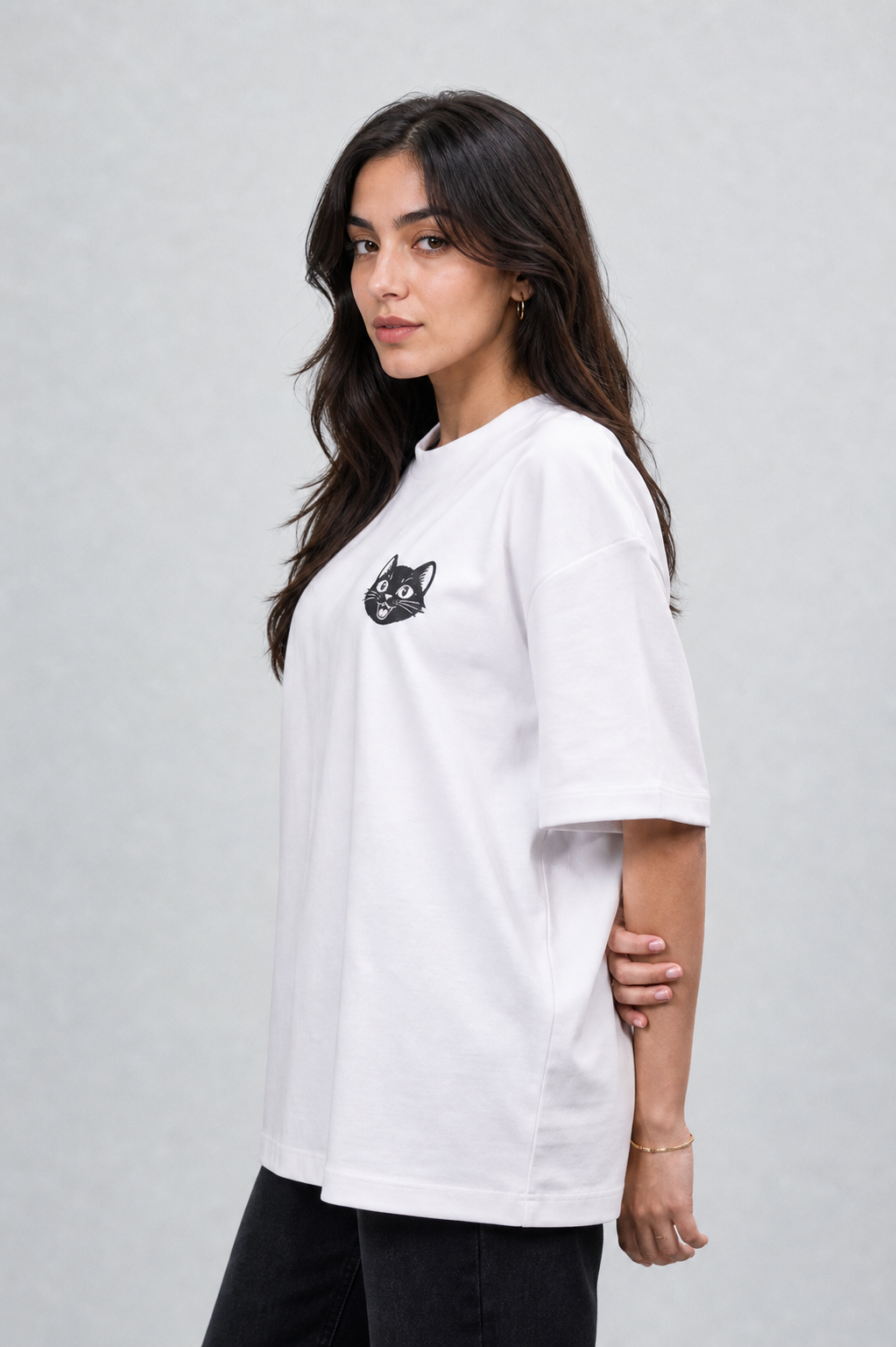 NAIVE Pyramids White Tee - white oversized t-shirt with NAIVE x Pyramids of Giza print - styled on female model