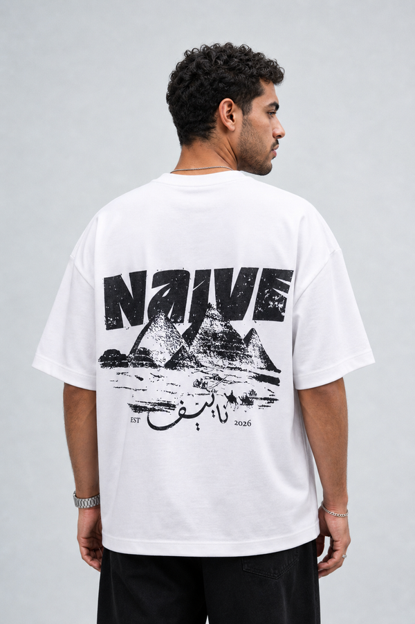 NAIVE Pyramids White Tee - white oversized t-shirt with NAIVE x Pyramids of Giza print - back view on male model
