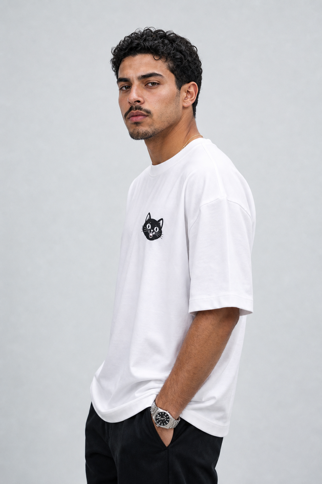 NAIVE Pyramids White Tee - white oversized t-shirt with NAIVE x Pyramids of Giza print - styled on male model