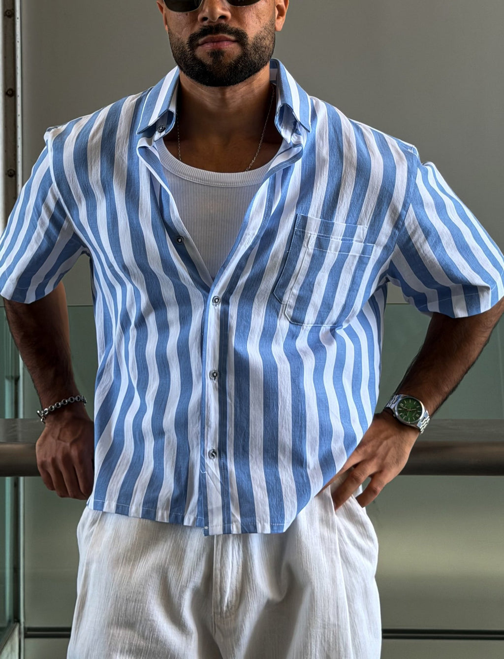 Two Pockets Blue Striped Shirt - fabric detail
