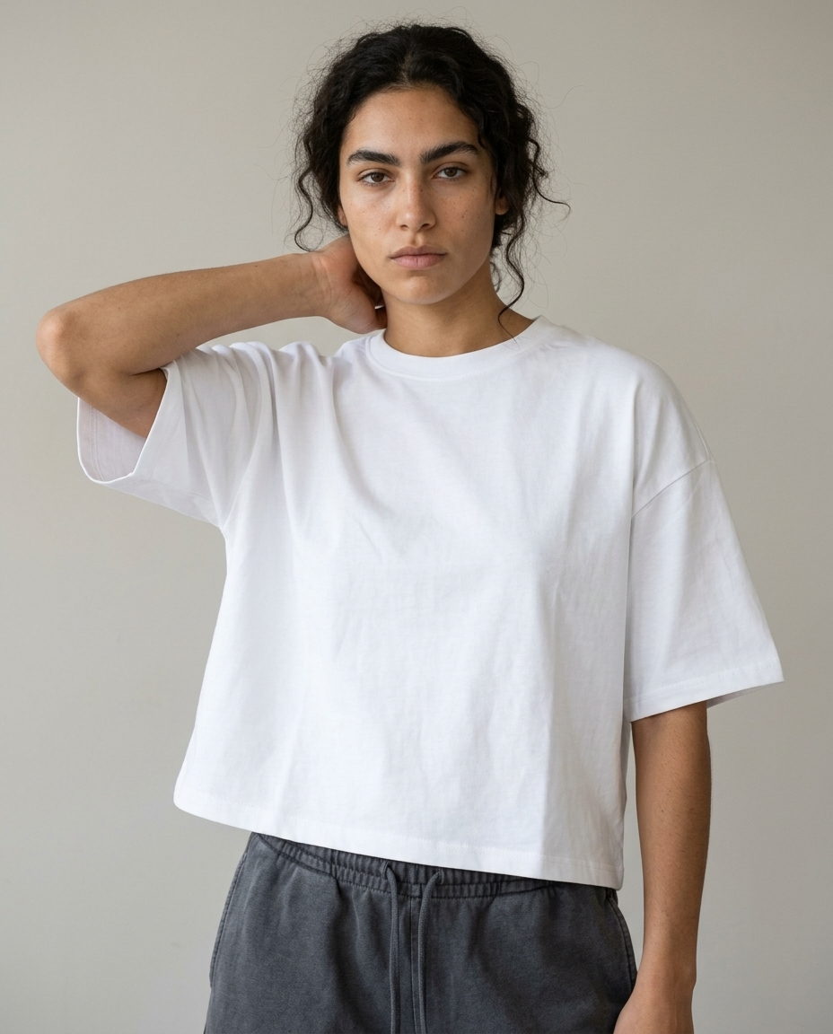 White Loose Boxy Tee on model