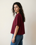 Burgundy Loose Boxy Tee on model