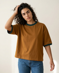 Camel Ringer Boxy Tee on model