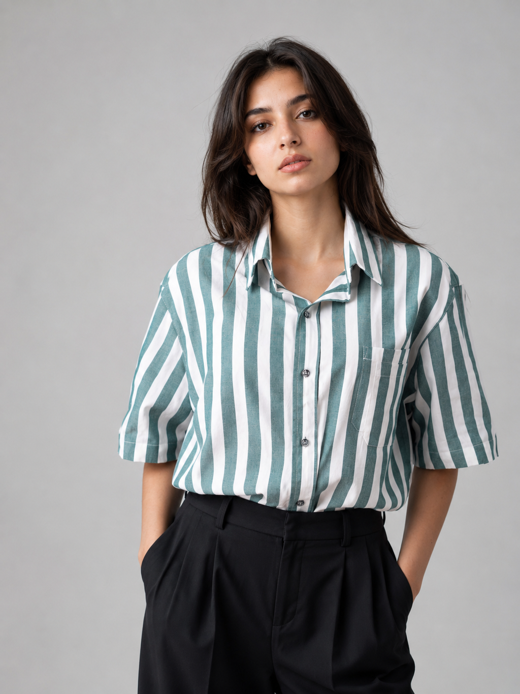 Two Pockets Green Striped Shirt - NAIVE